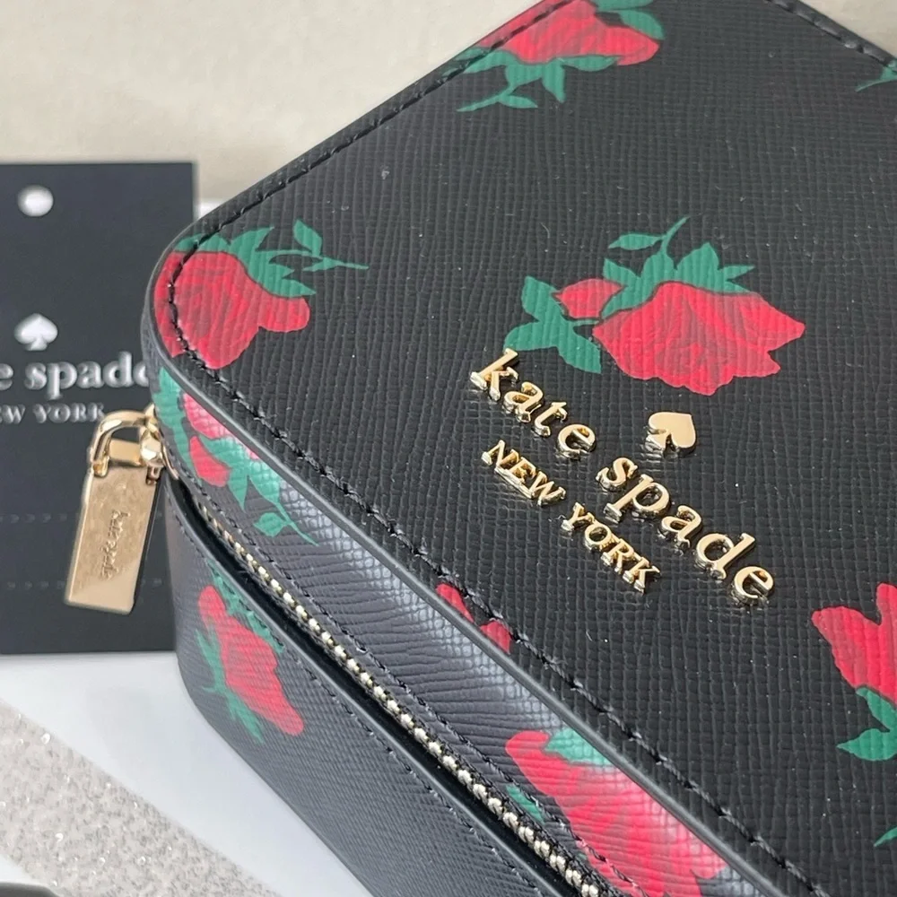 (new+tag) Kate Spade chic black jewelry box with vibrant red floral design